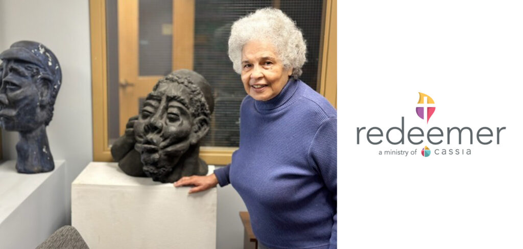 Redeemer Health Care Center resident Lydia Wardlaw-Brown poses with her sculptures for a picture.